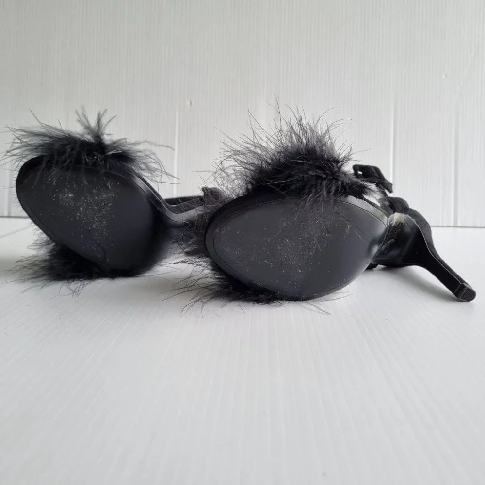 Aje. Black Feather & Suede Open Toe Stilettos Size 36 - Picture 7 of 10